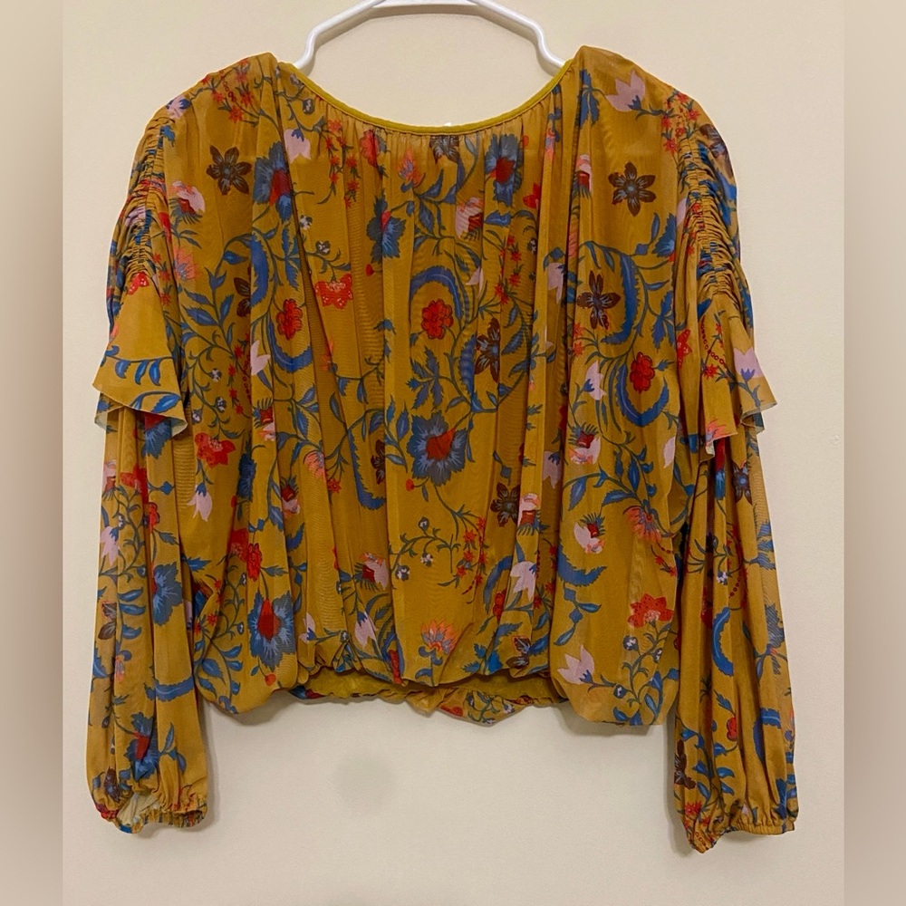 Free People Mustard Floral Cropped Boho Peasant Blouse – Long Sleeve, Size XS
